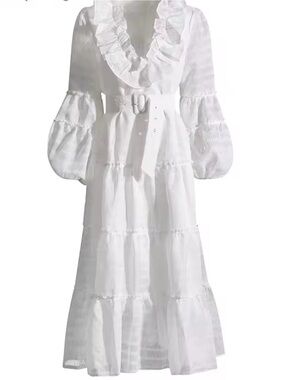 Nordstrom White Ruffled V-Neck Tiered Midi Dress with Self-Tie Belt